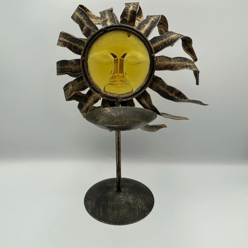 Celestial Sun 90s Y2K Face Metal Bronze Candle Holder Stand Amber Glass Zodiac
